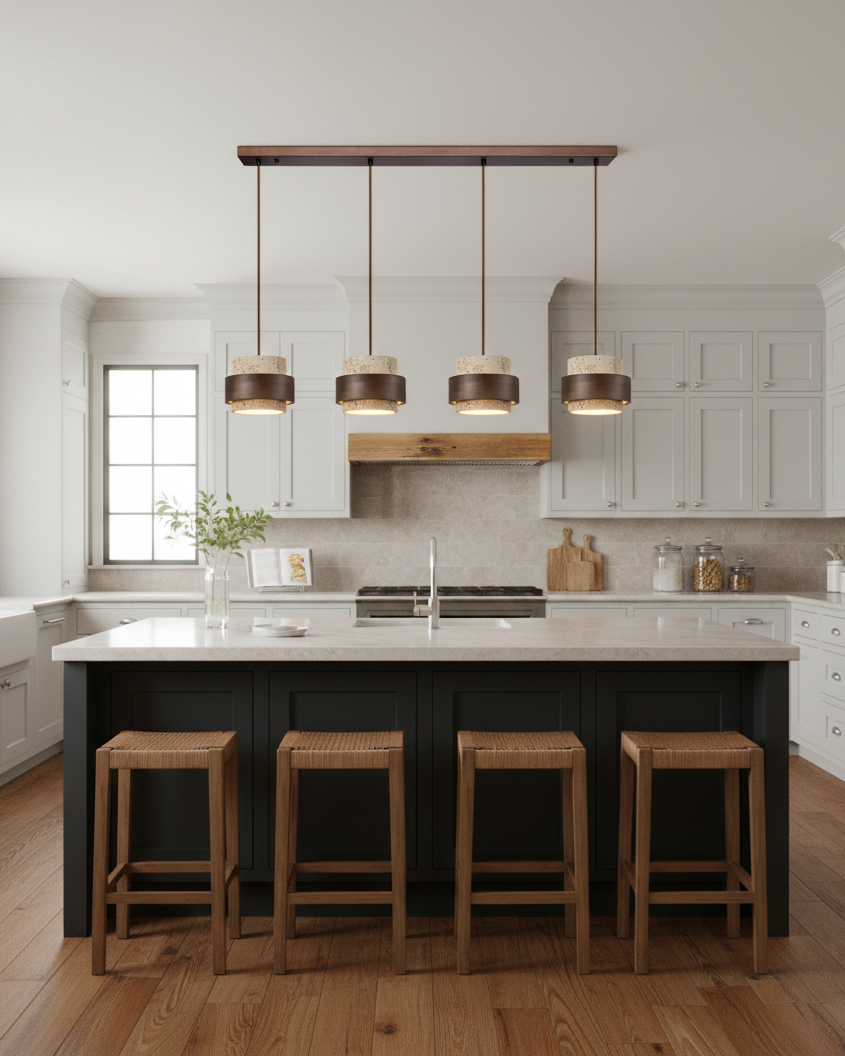 Travertine And Wood Drum Pendant Lights With Downlight