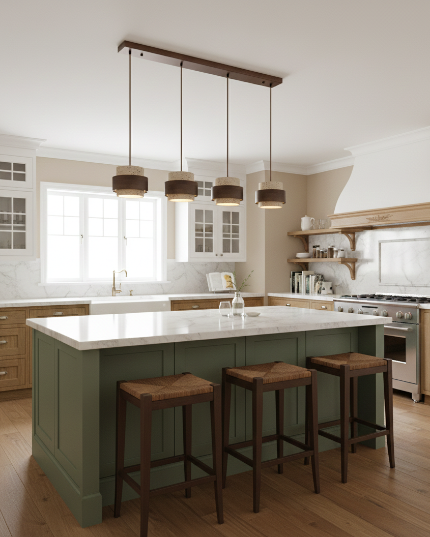 Travertine And Wood Drum Pendant Lights With Downlight