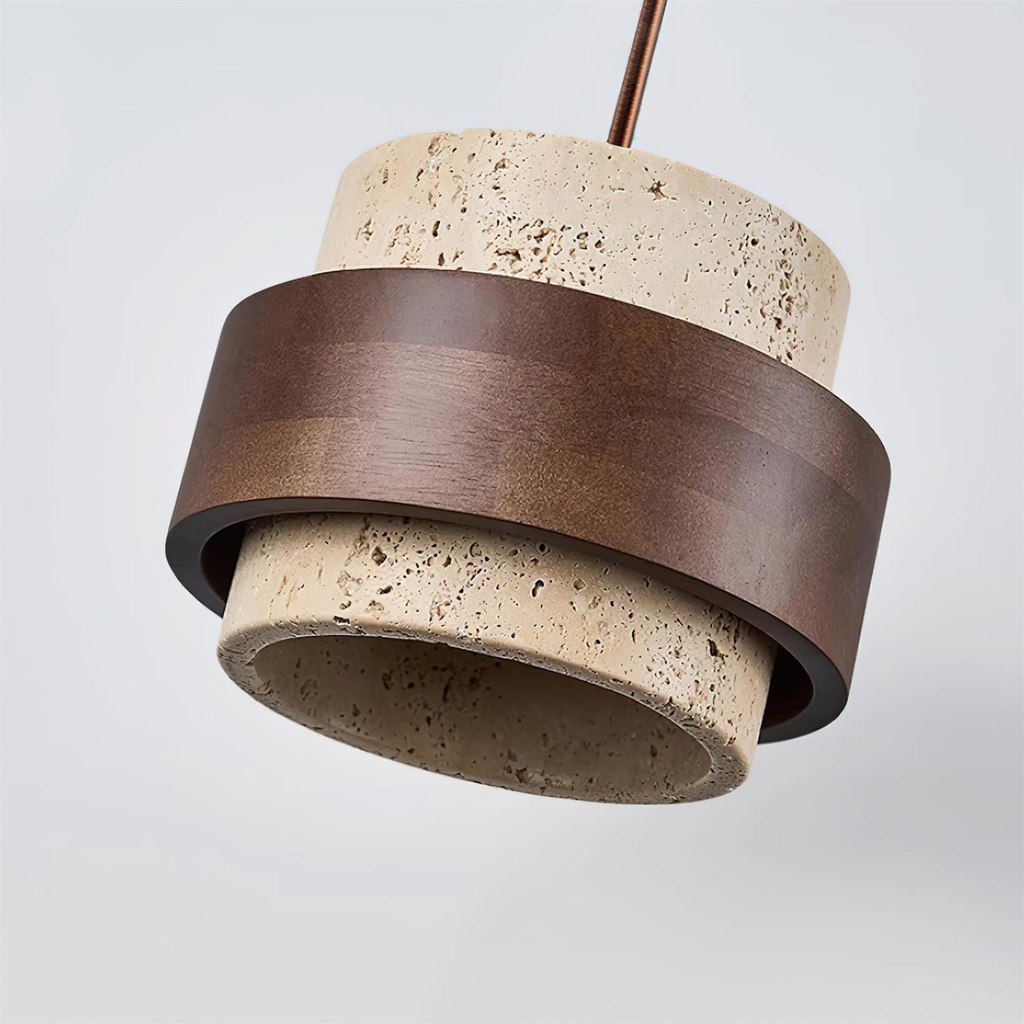 Travertine And Wood Drum Pendant Lights With Downlight