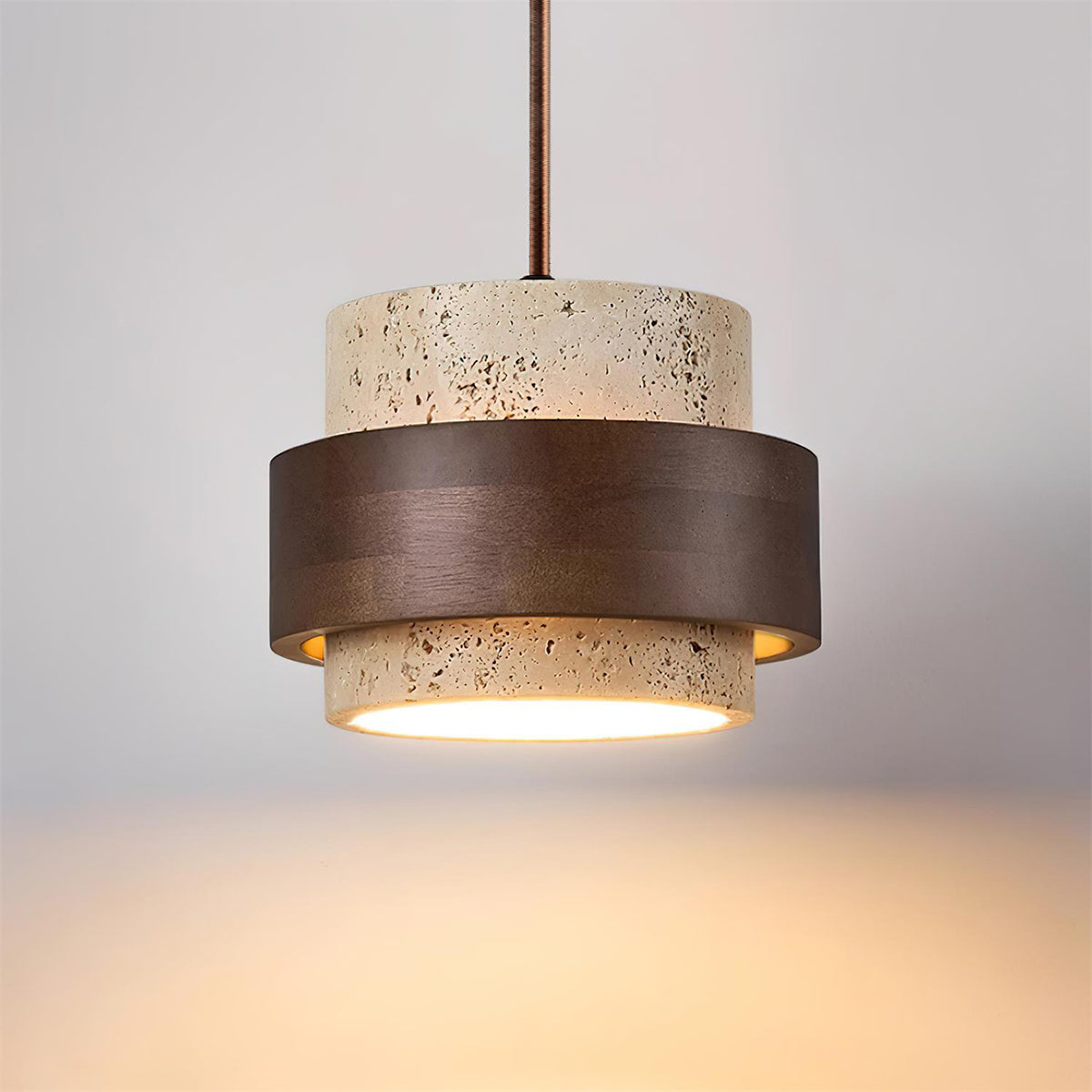Travertine And Wood Drum Pendant Lights With Downlight