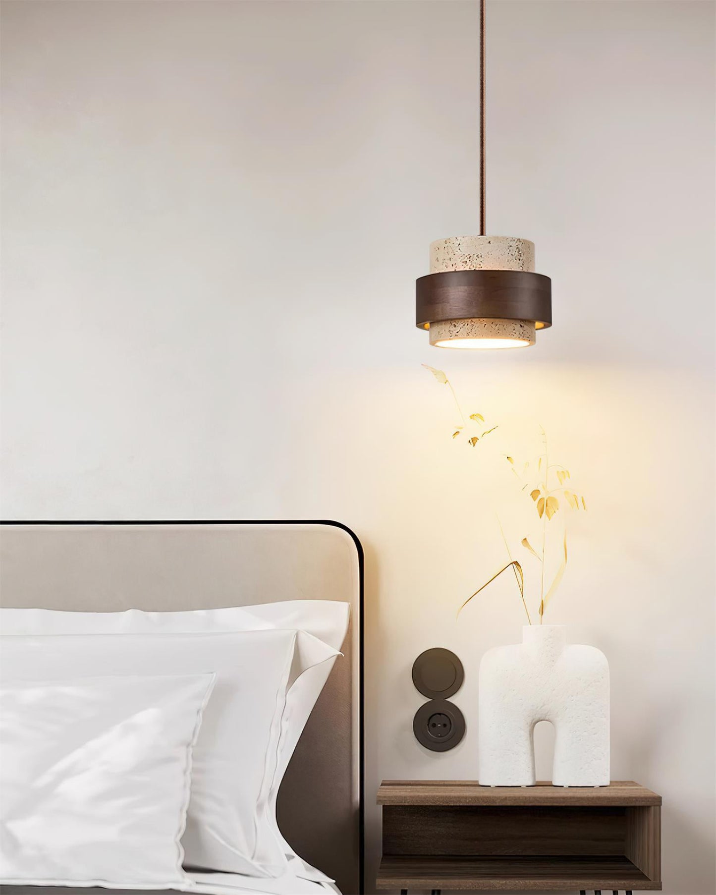 Travertine And Wood Drum Pendant Lights With Downlight
