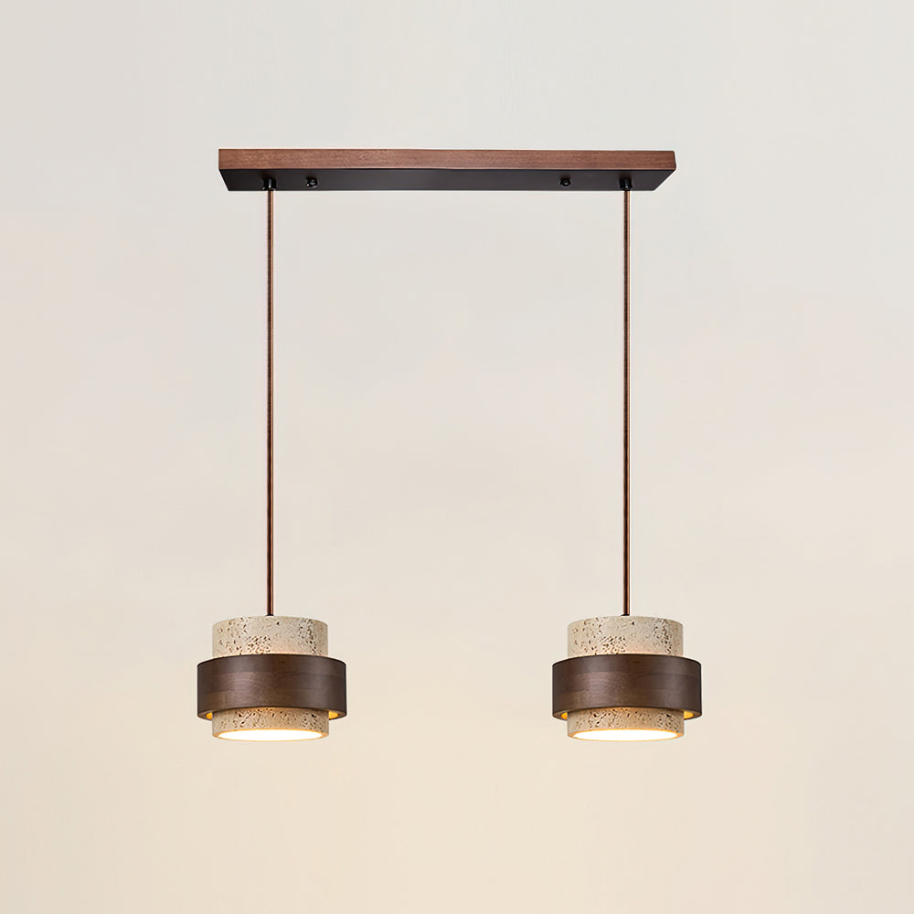 Travertine And Wood Drum Pendant Lights With Downlight