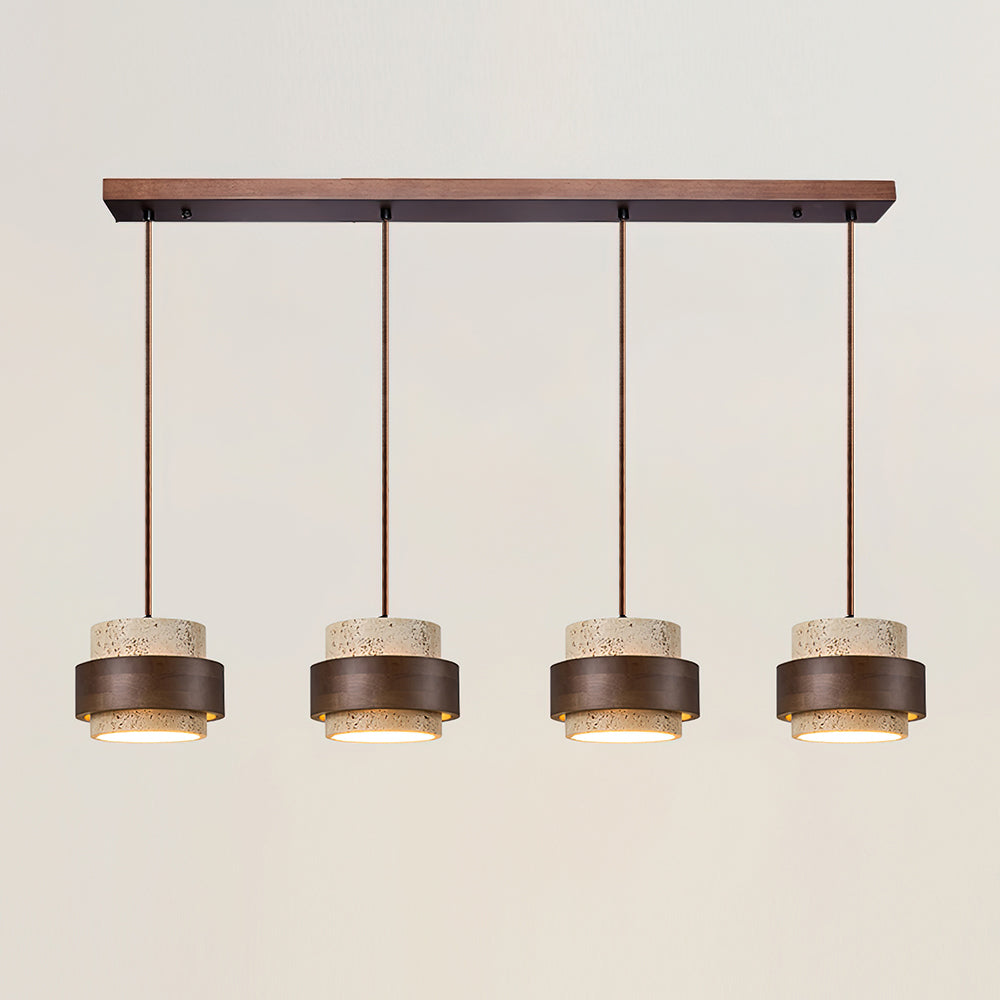 Travertine And Wood Drum Pendant Lights With Downlight