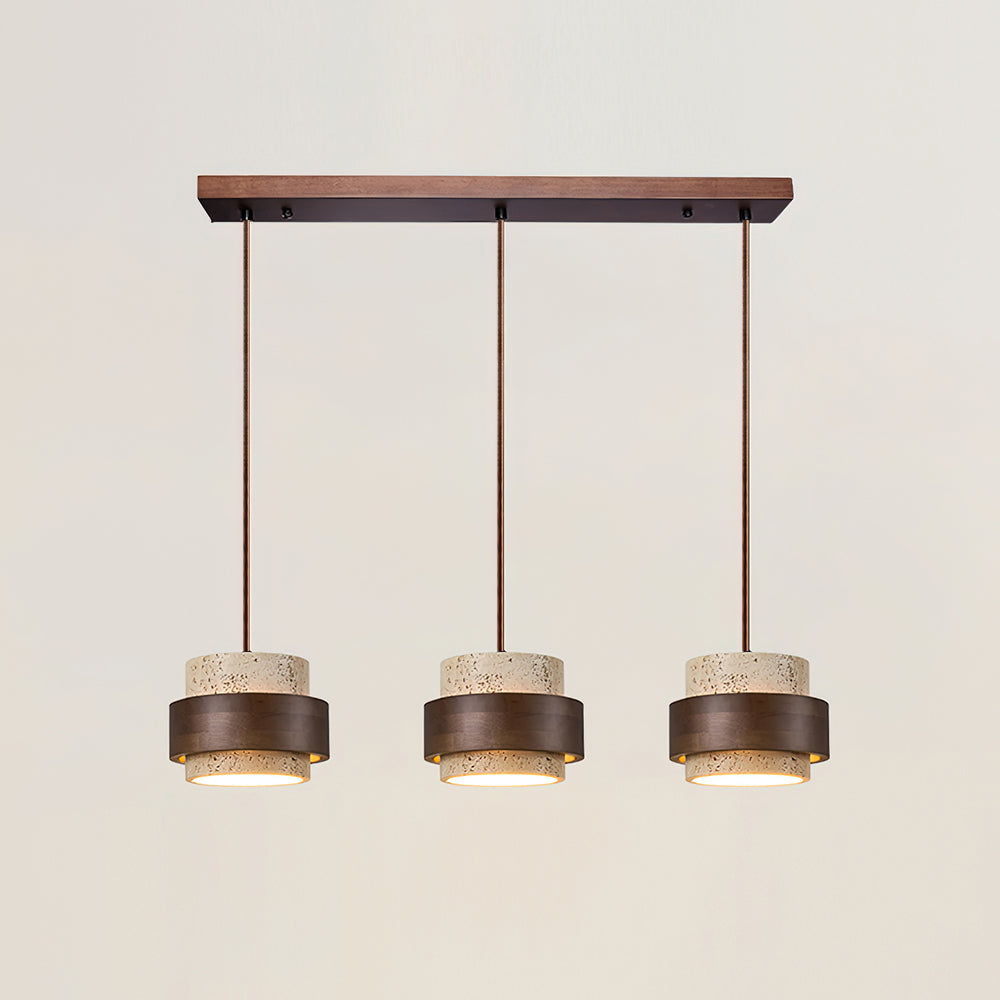 Travertine And Wood Drum Pendant Lights With Downlight