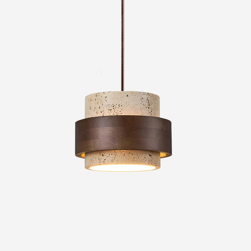 Travertine And Wood Drum Pendant Lights With Downlight