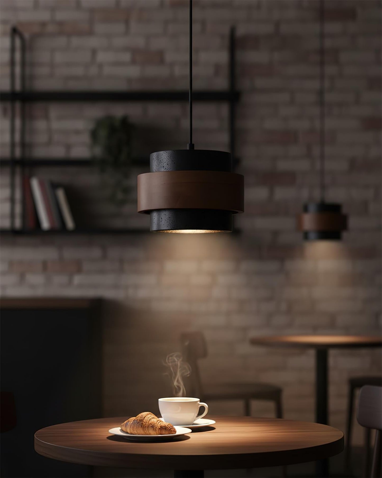 Travertine And Wood Drum Pendant Lights With Downlight