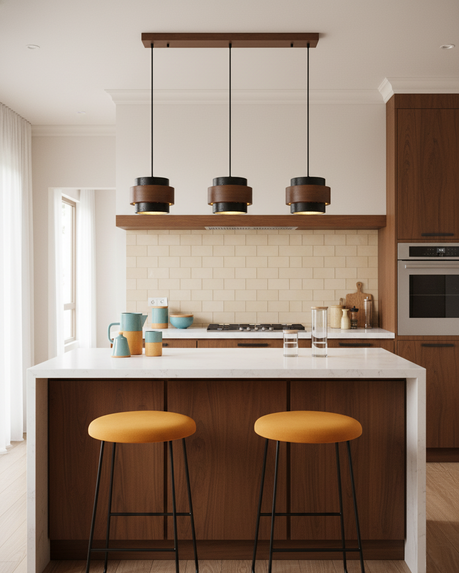Travertine And Wood Drum Pendant Lights With Downlight