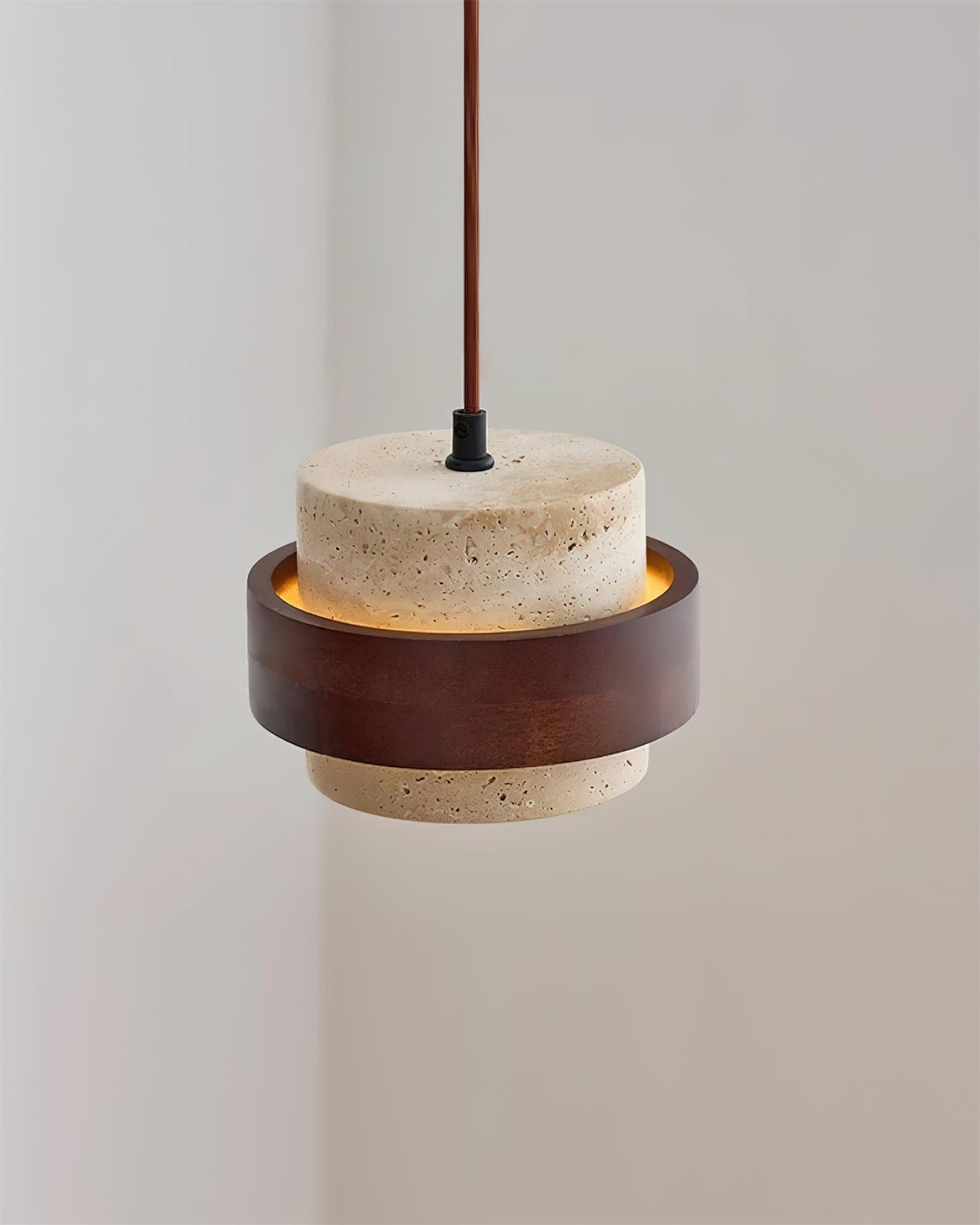 Travertine And Wood Drum Pendant Lights With Downlight