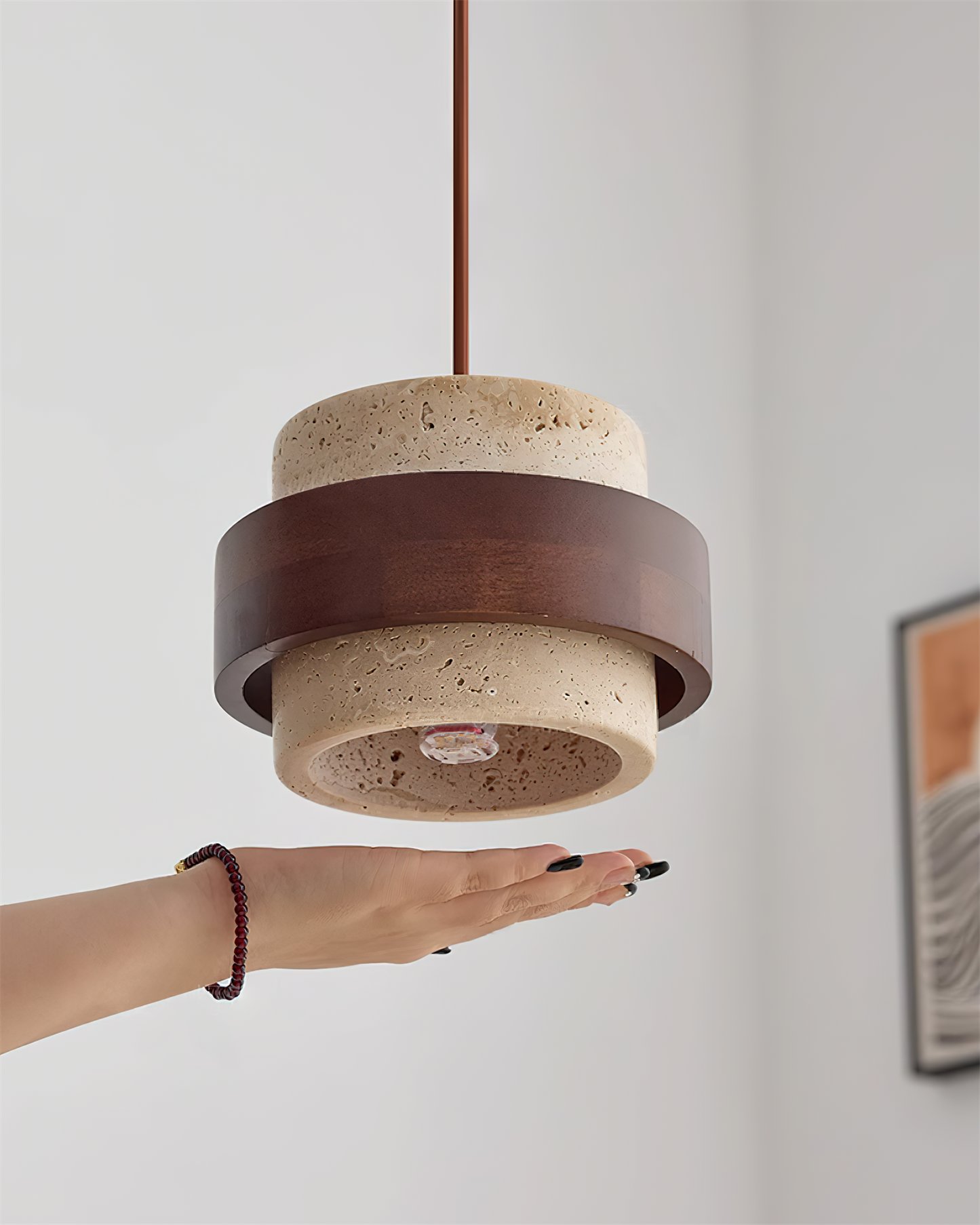 Travertine And Wood Drum Pendant Lights With Downlight