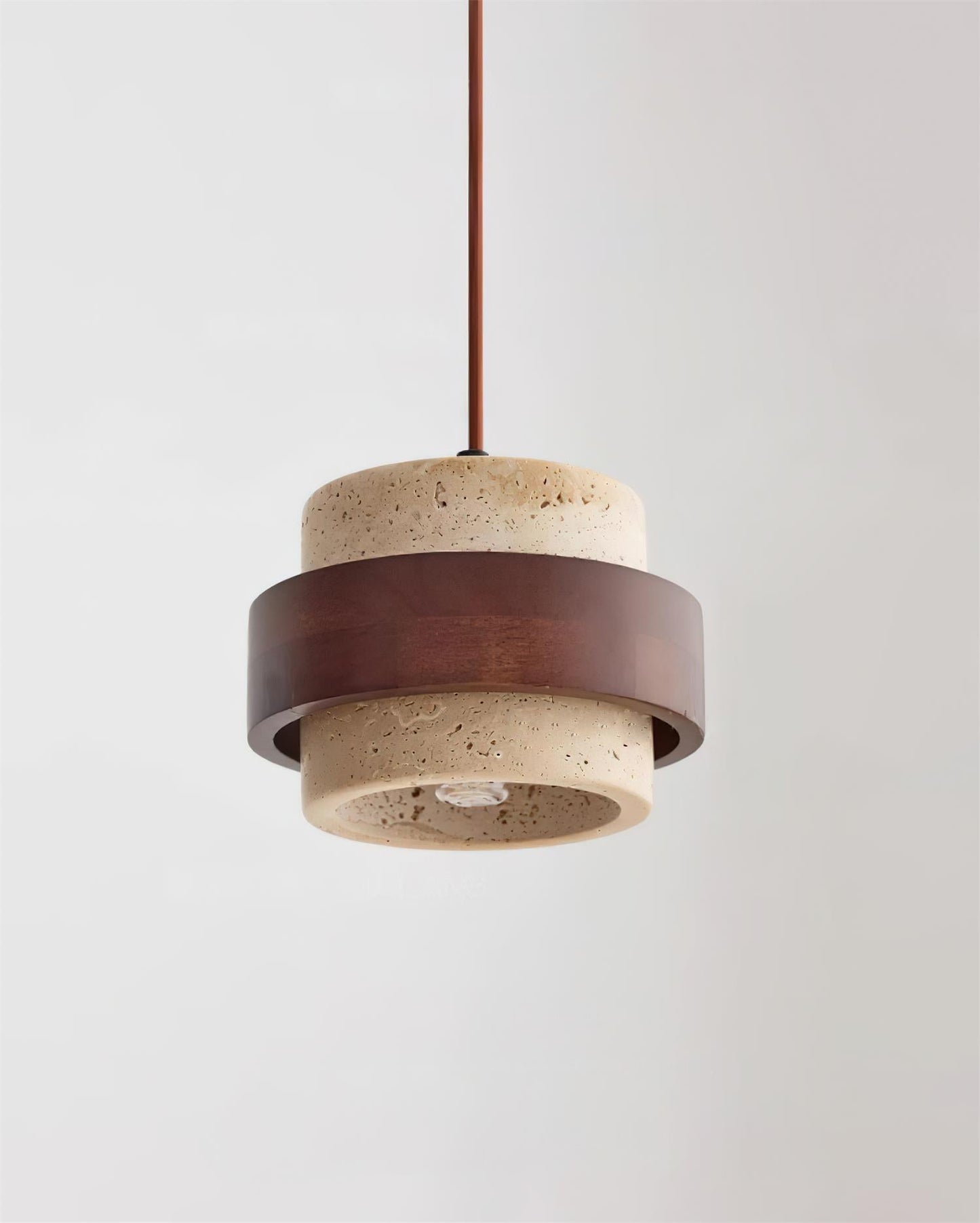 Travertine And Wood Drum Pendant Lights With Downlight