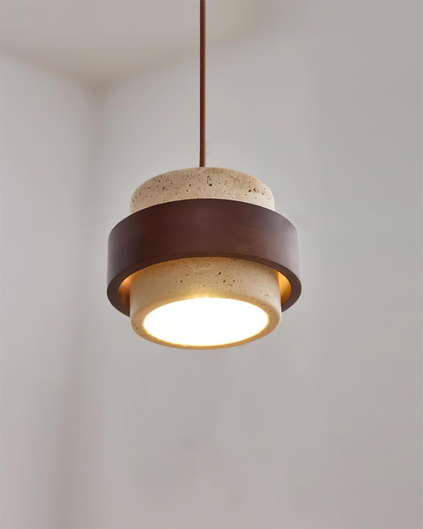 Travertine And Wood Drum Pendant Lights With Downlight