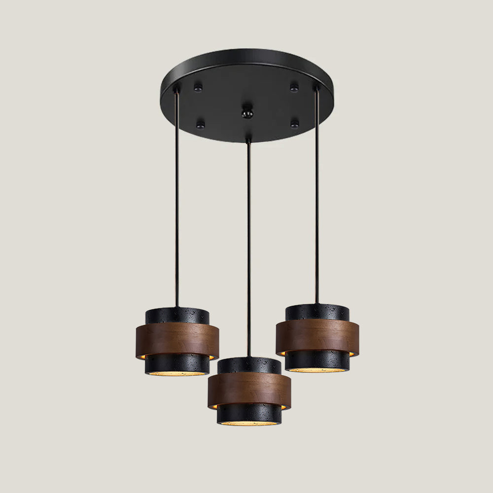 Travertine And Wood Drum Pendant Lights With Downlight