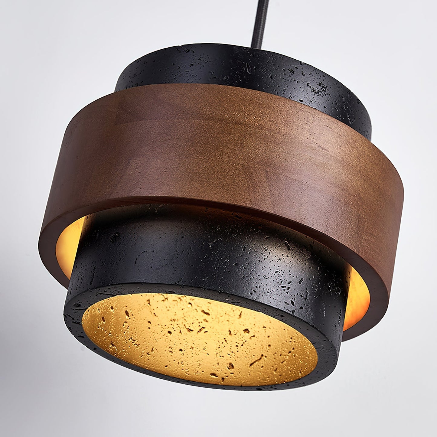 Travertine And Wood Drum Pendant Lights With Downlight