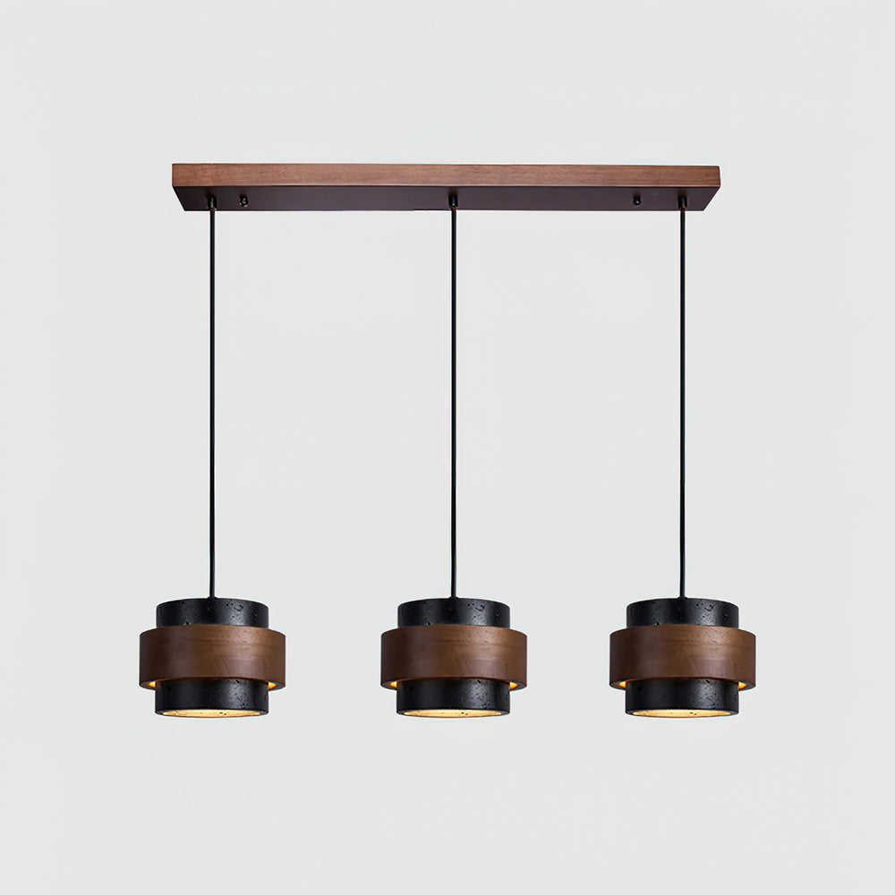 Travertine And Wood Drum Pendant Lights With Downlight