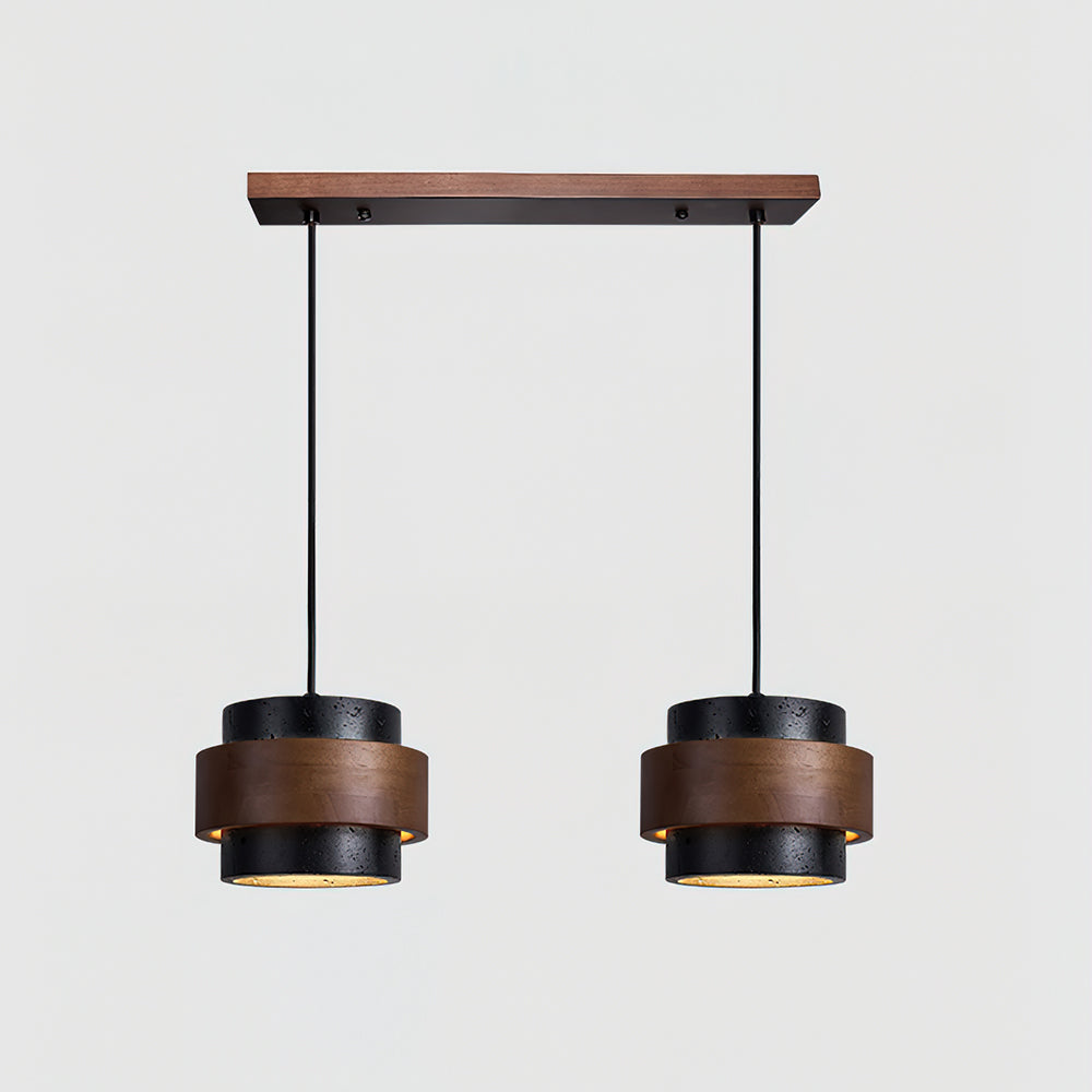 Travertine And Wood Drum Pendant Lights With Downlight