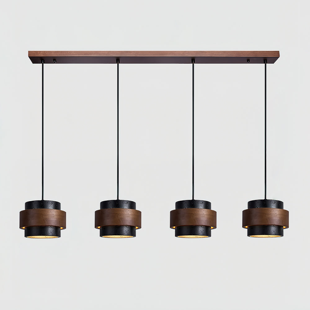 Travertine And Wood Drum Pendant Lights With Downlight