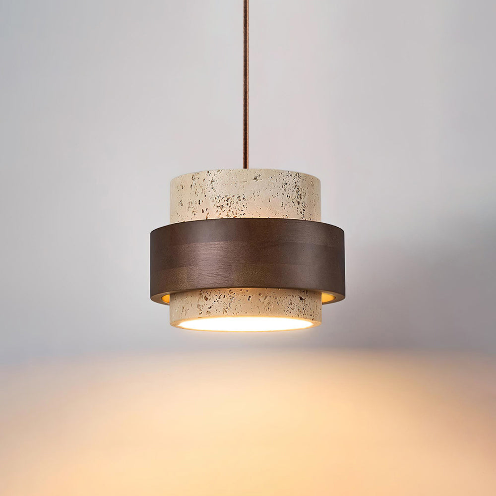 Travertine And Wood Drum Pendant Lights With Downlight