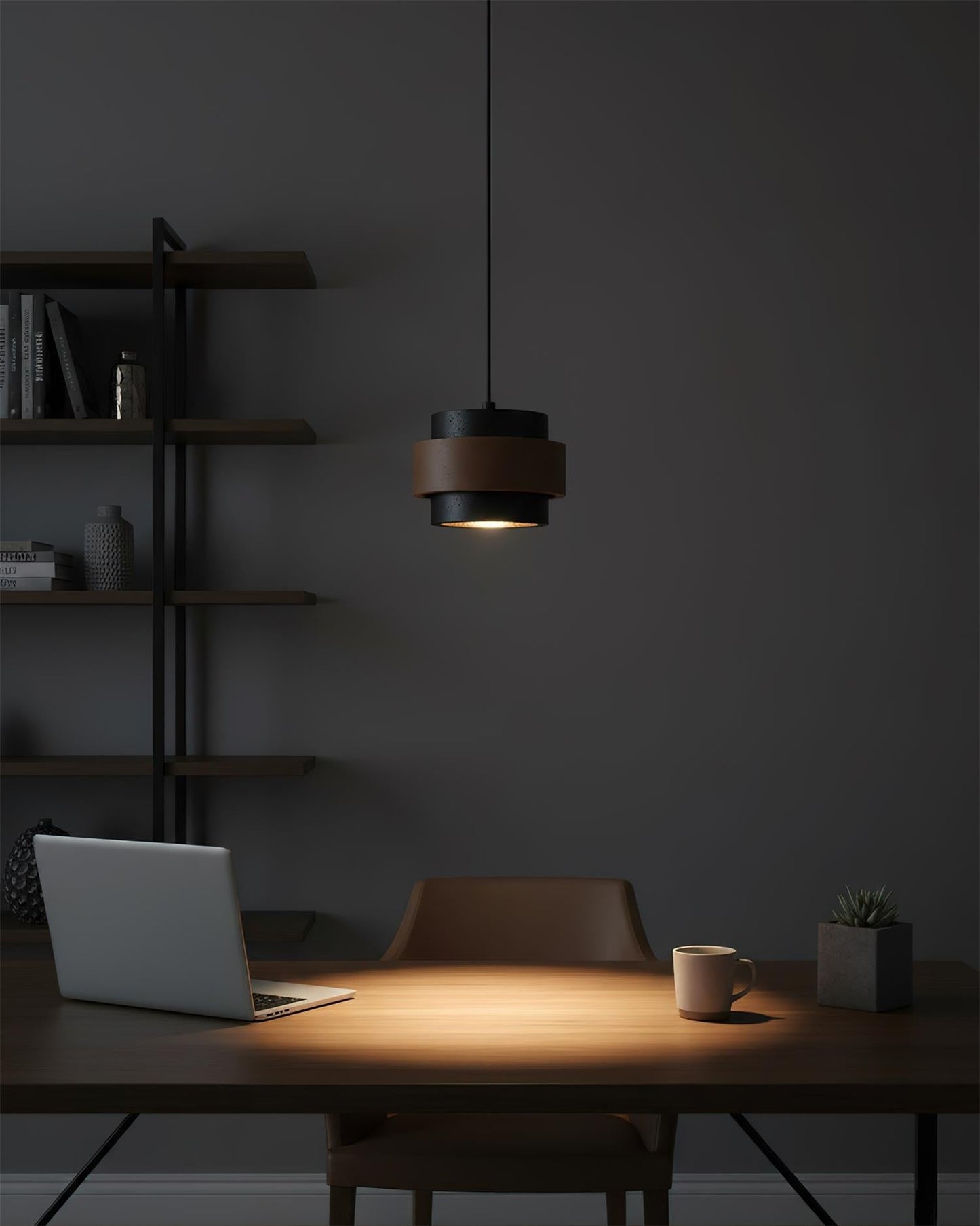 Travertine And Wood Drum Pendant Lights With Downlight