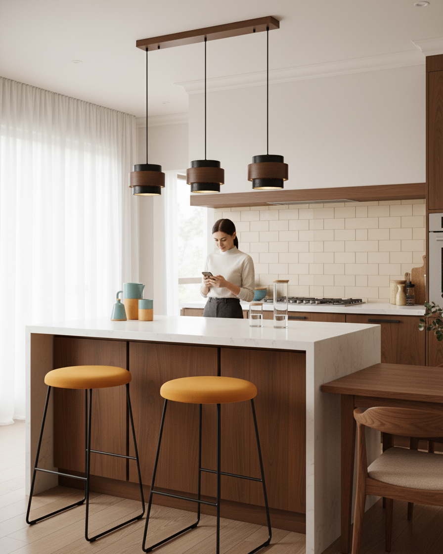 Travertine And Wood Drum Pendant Lights With Downlight