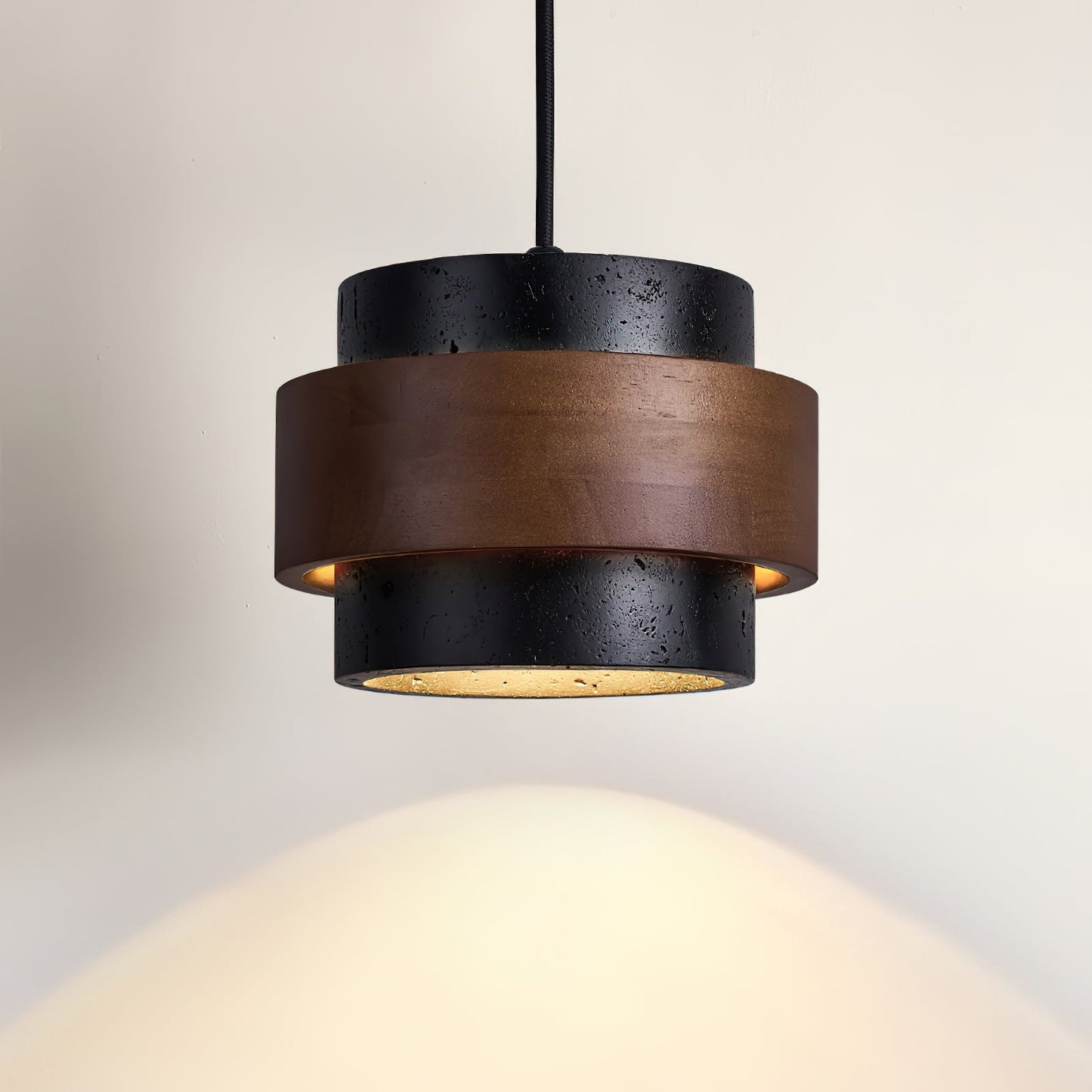 Travertine And Wood Drum Pendant Lights With Downlight