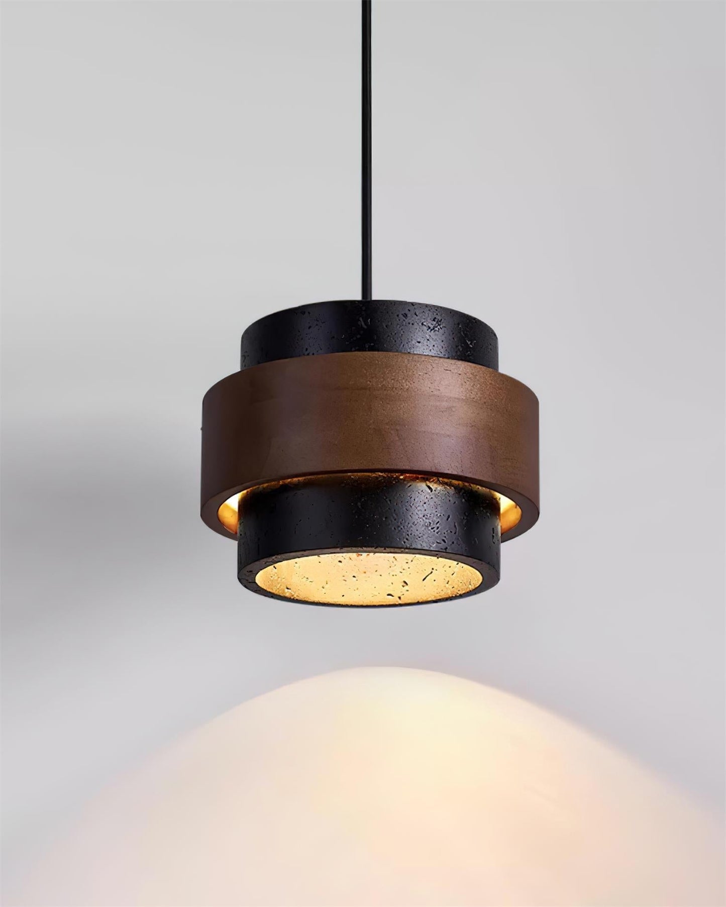 Travertine And Wood Drum Pendant Lights With Downlight