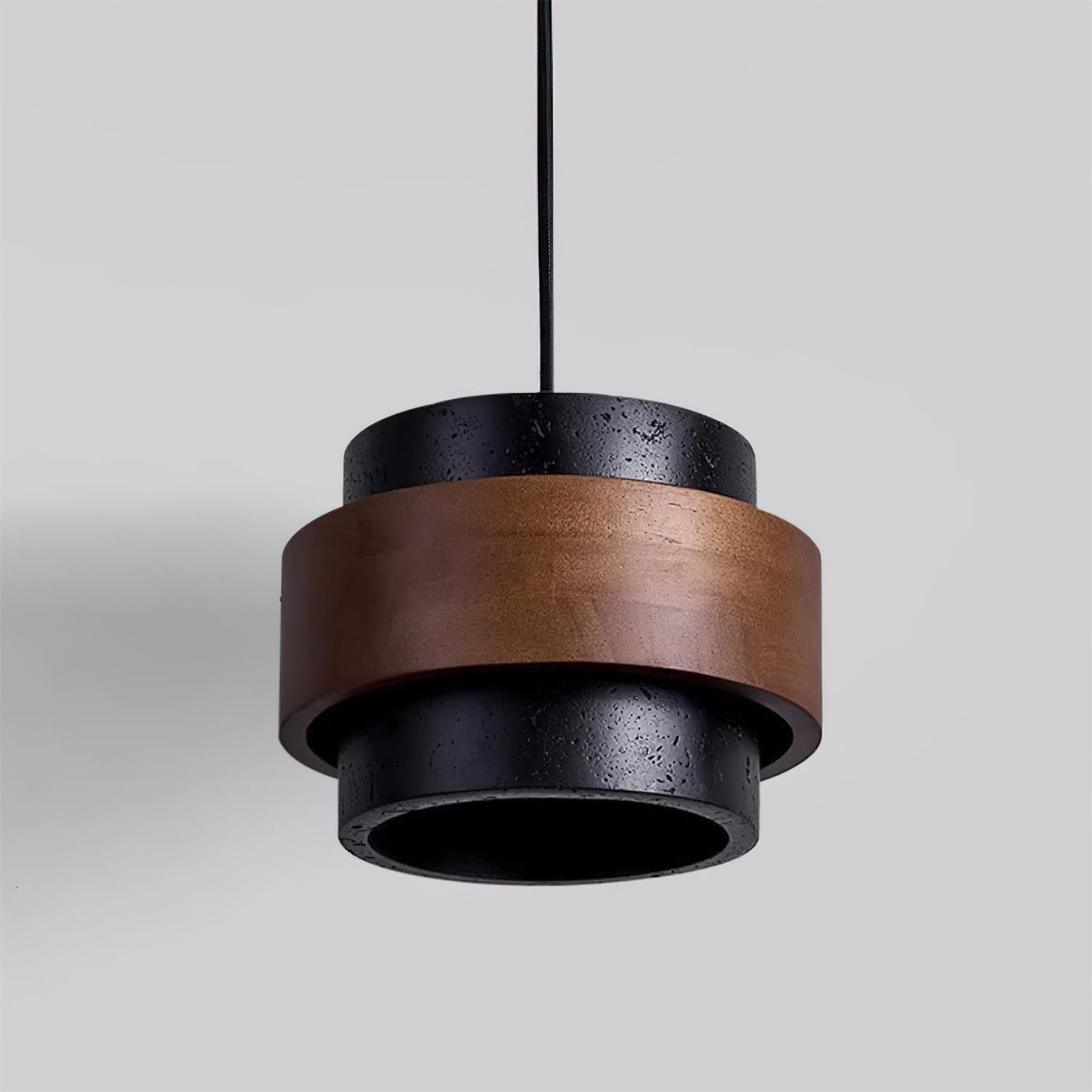 Travertine And Wood Drum Pendant Lights With Downlight