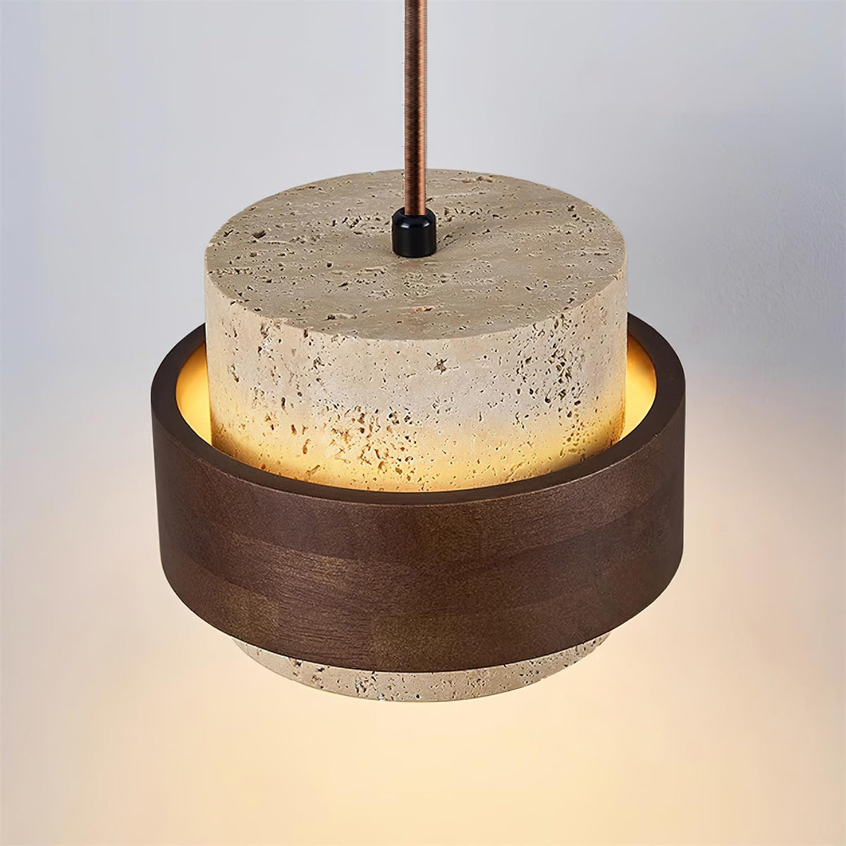 Travertine And Wood Drum Pendant Lights With Downlight