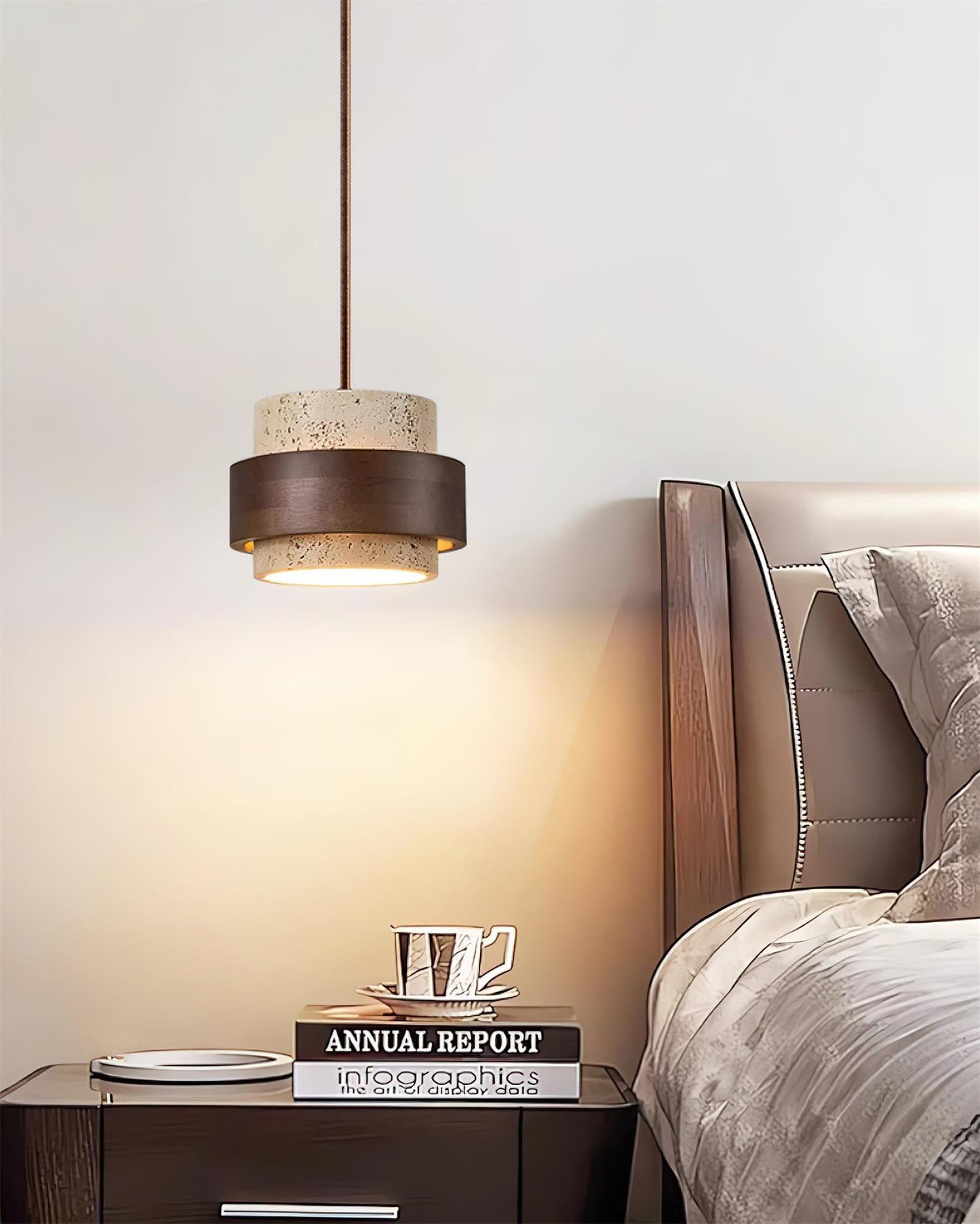 Travertine And Wood Drum Pendant Lights With Downlight