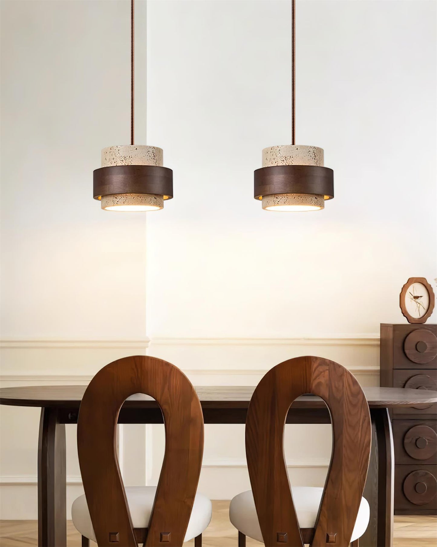Travertine And Wood Drum Pendant Lights With Downlight