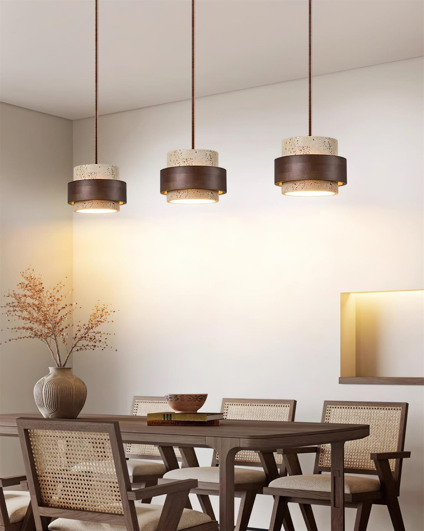 Travertine And Wood Drum Pendant Lights With Downlight