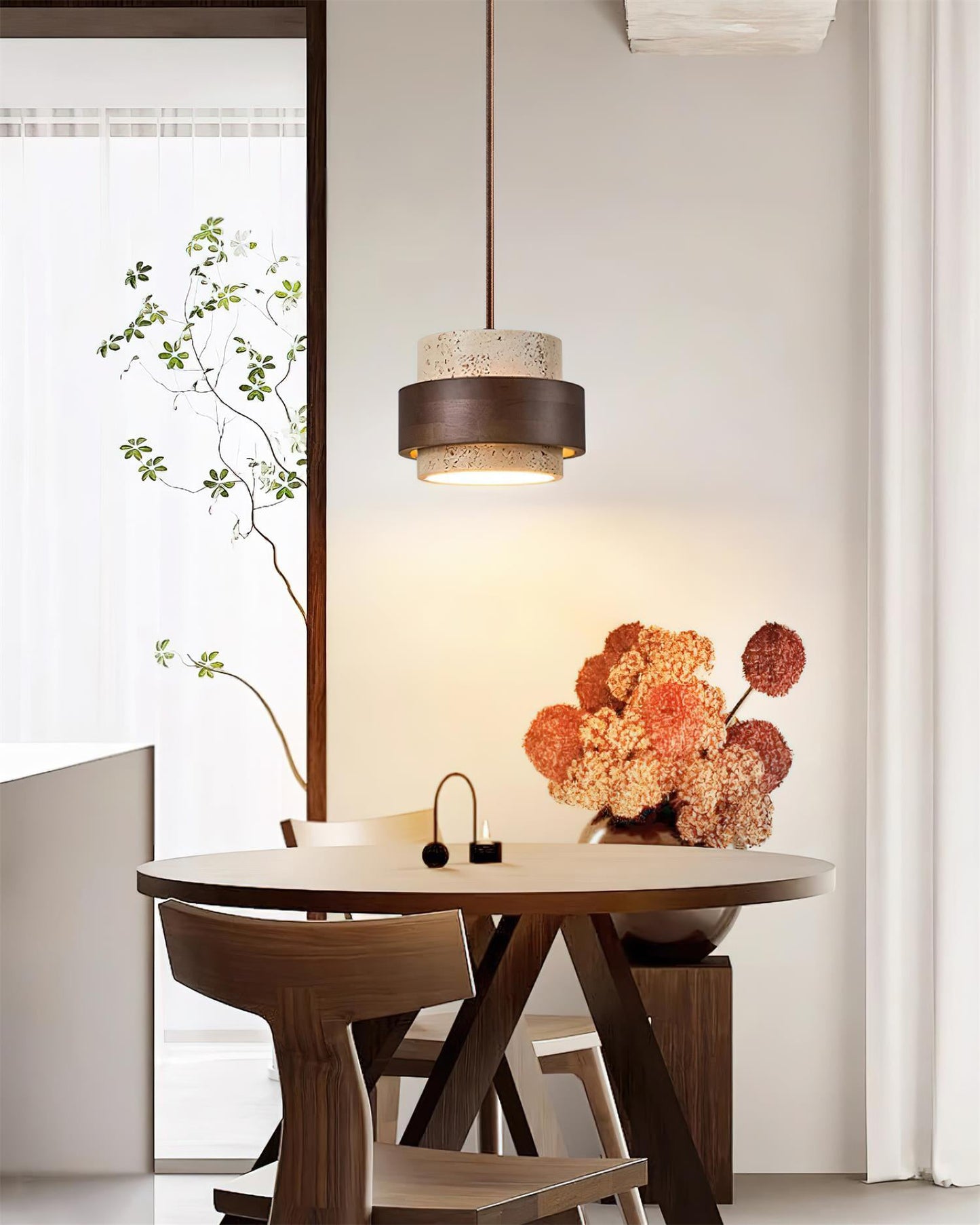 Travertine And Wood Drum Pendant Lights With Downlight