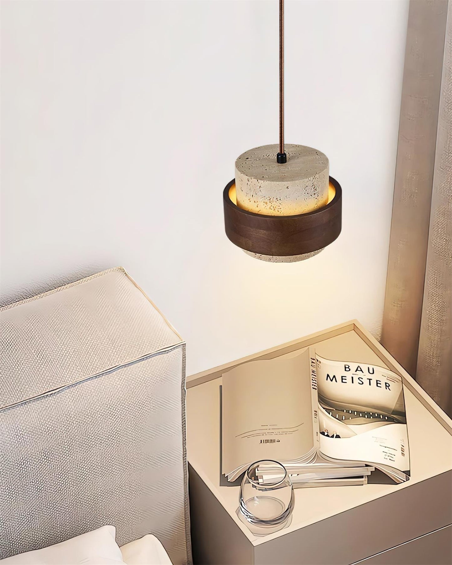 Travertine And Wood Drum Pendant Lights With Downlight