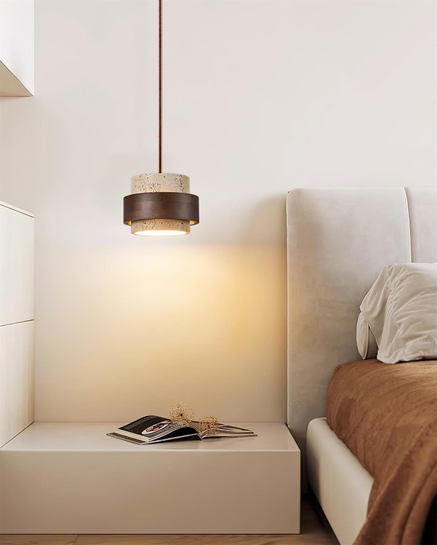 Travertine And Wood Drum Pendant Lights With Downlight