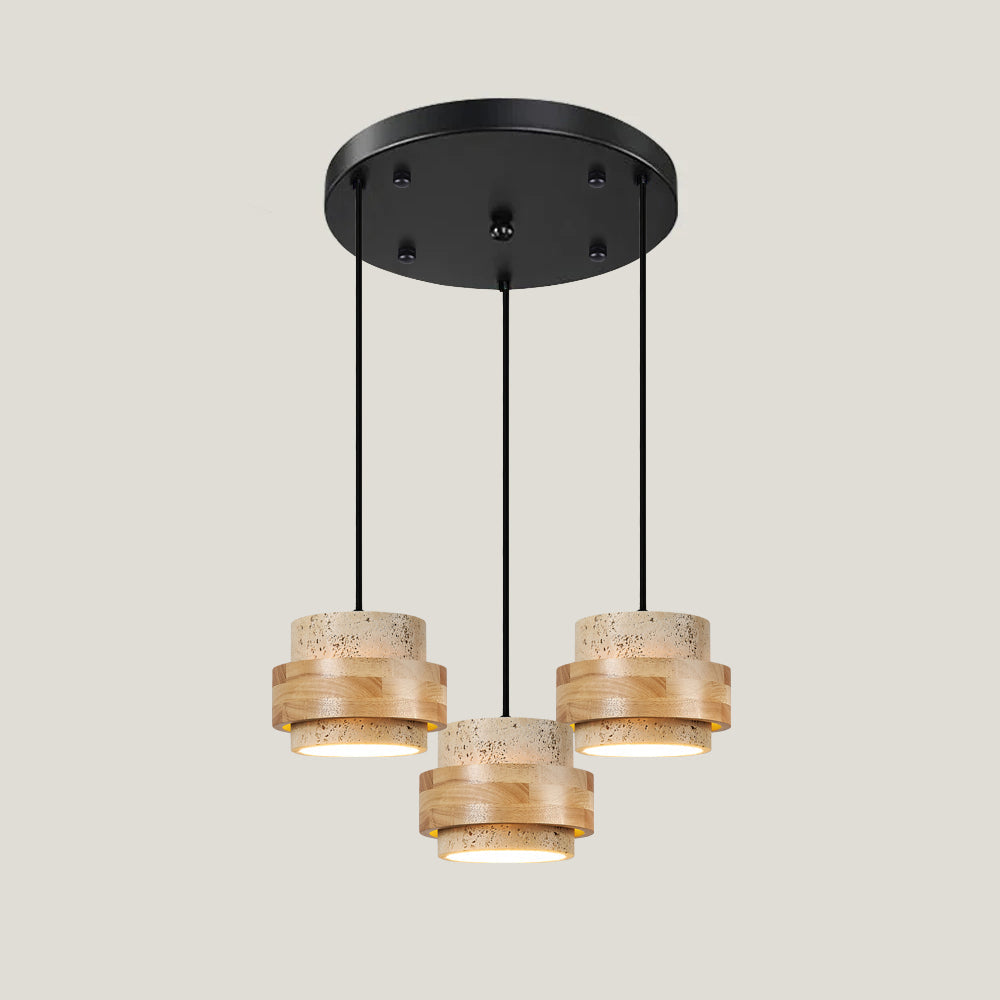 Travertine And Wood Drum Pendant Lights With Downlight