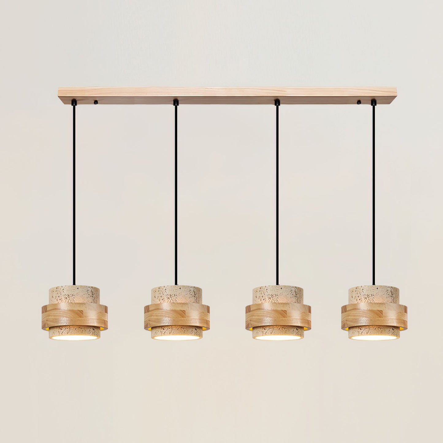 Travertine And Wood Drum Pendant Lights With Downlight