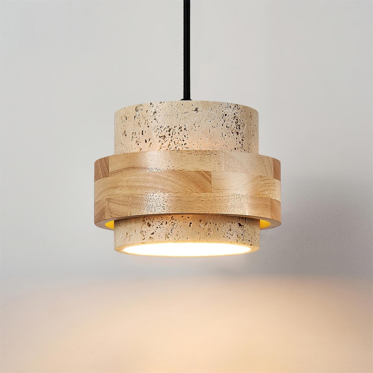 Travertine And Wood Drum Pendant Lights With Downlight