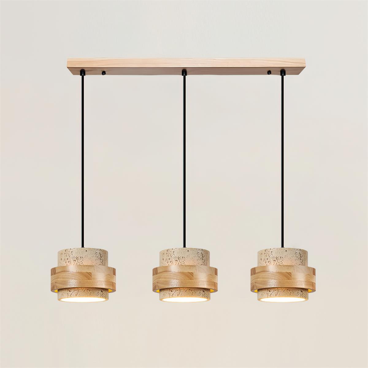 Travertine And Wood Drum Pendant Lights With Downlight