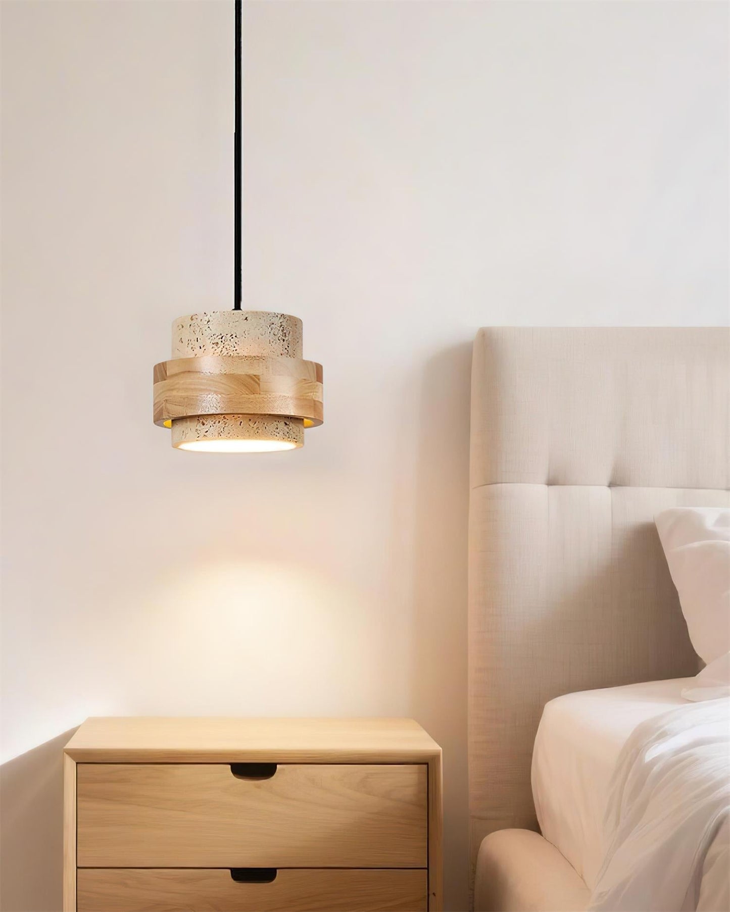 Travertine And Wood Drum Pendant Lights With Downlight
