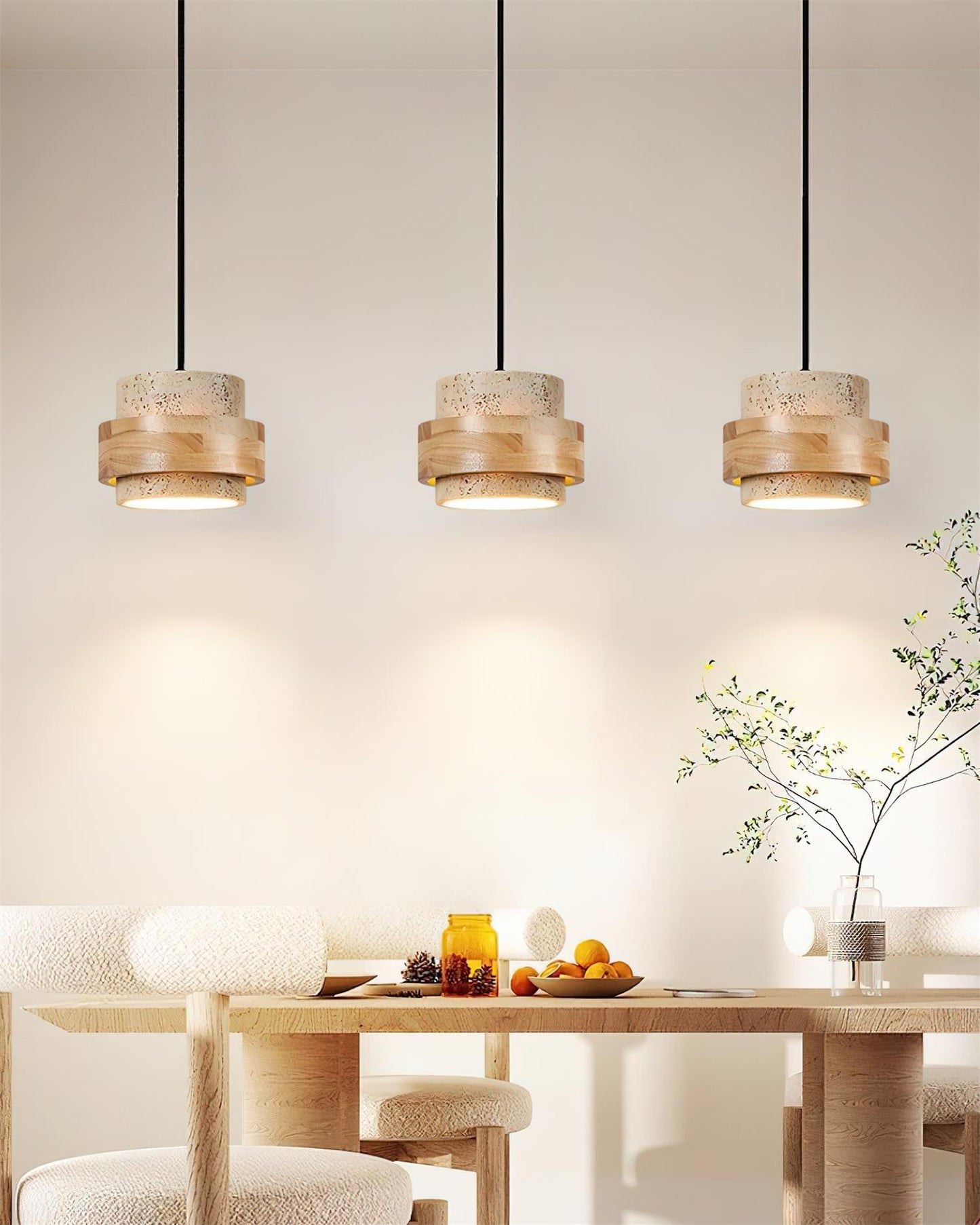 Travertine And Wood Drum Pendant Lights With Downlight