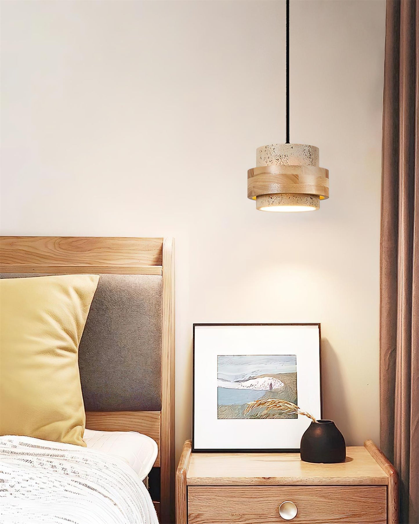 Travertine And Wood Drum Pendant Lights With Downlight