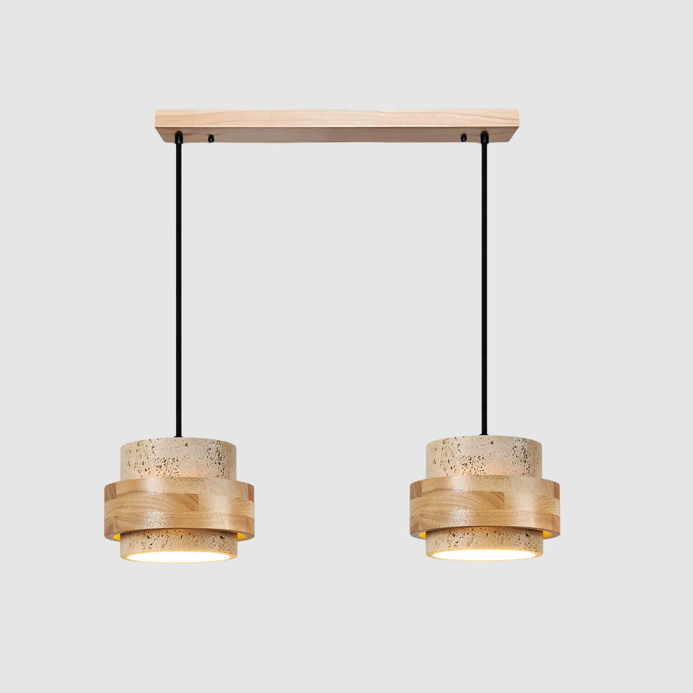 Travertine And Wood Drum Pendant Lights With Downlight