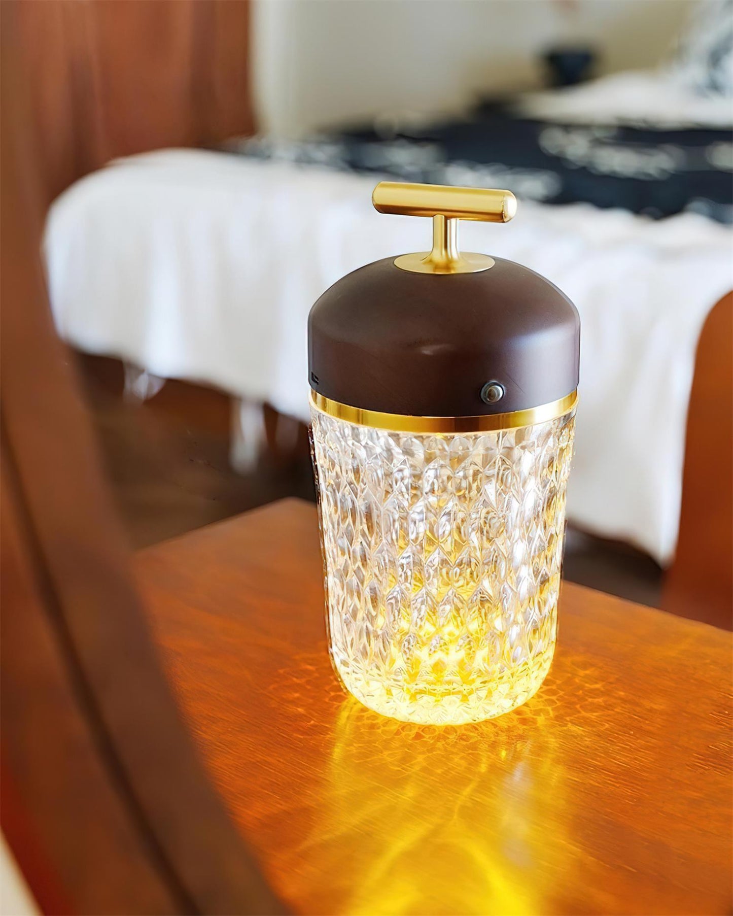 Portable Faceted Glass Table Lamp With Top Handle