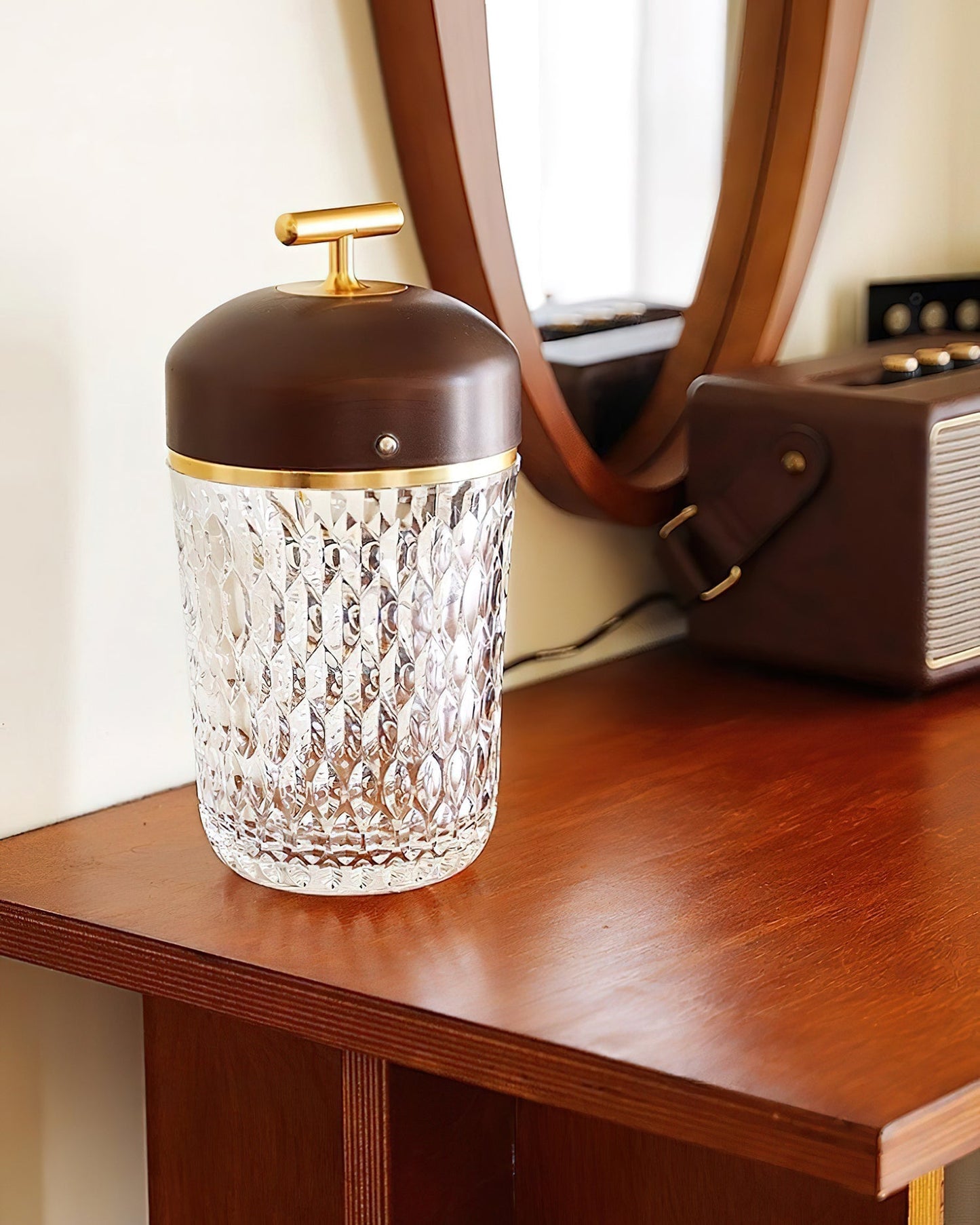 Portable Faceted Glass Table Lamp With Top Handle