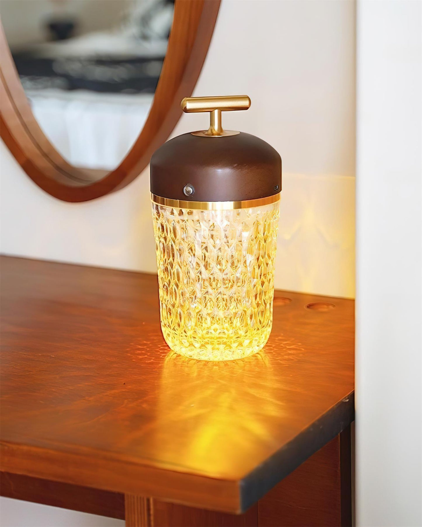 Portable Faceted Glass Table Lamp With Top Handle