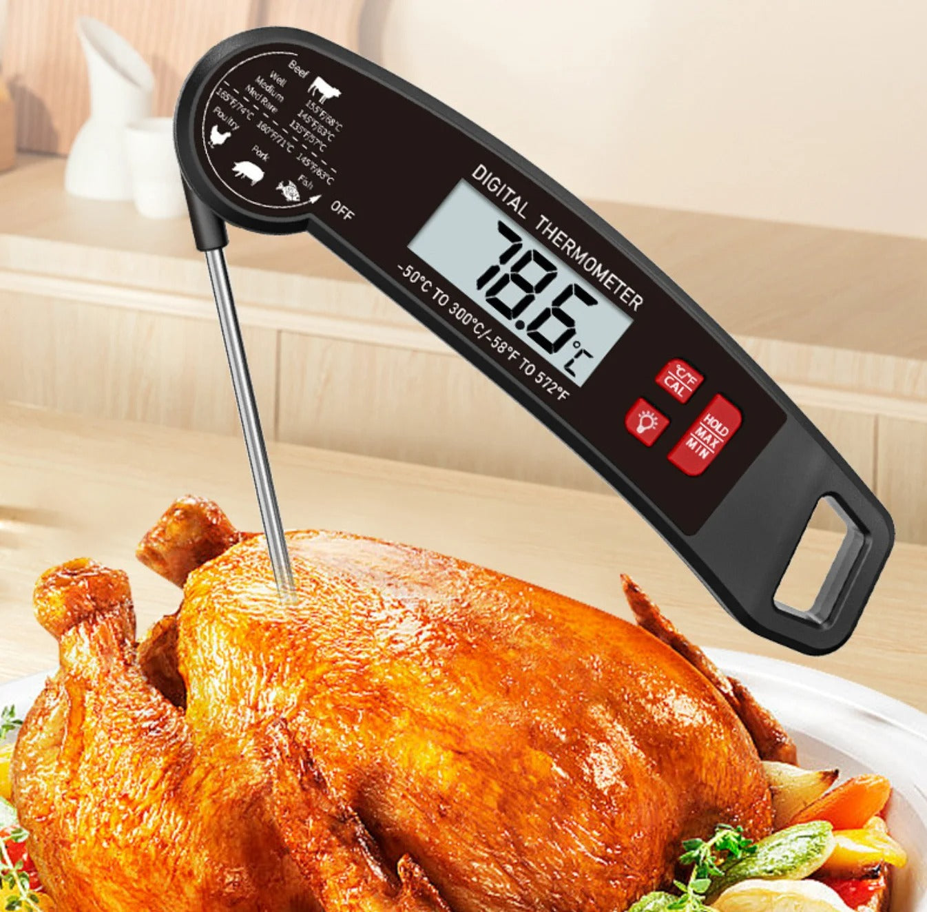 Digital Meat Thermometer Foldable Stainless Steel Probe Backlit LCD Battery Operated