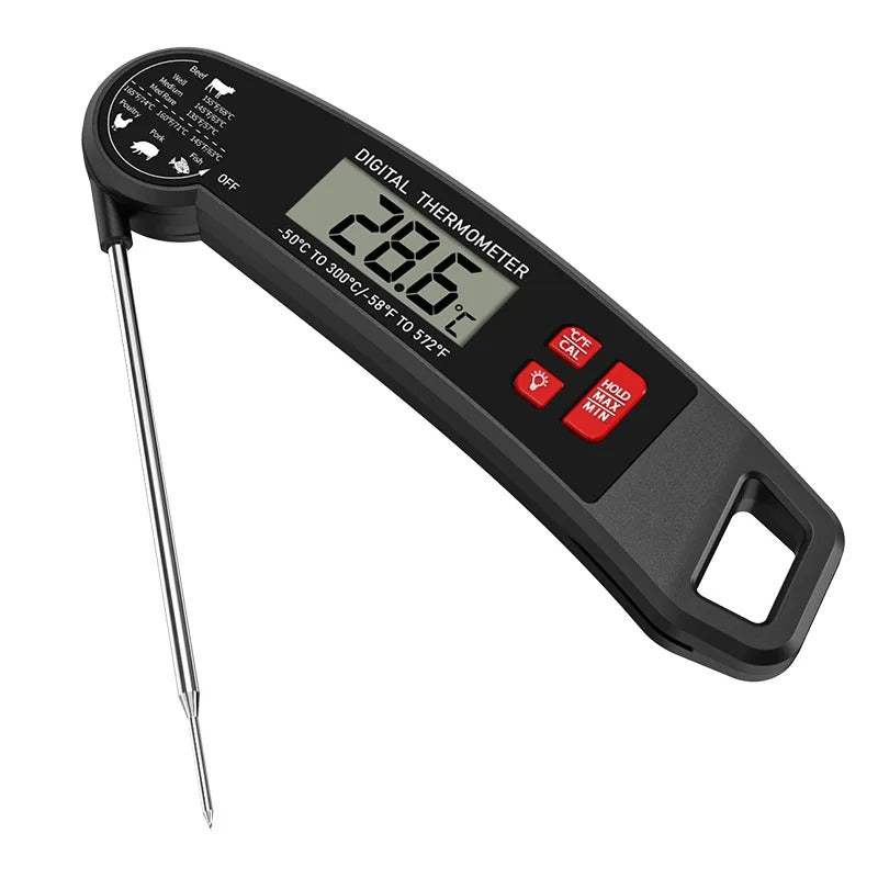 Digital Meat Thermometer Foldable Stainless Steel Probe Backlit LCD Battery Operated