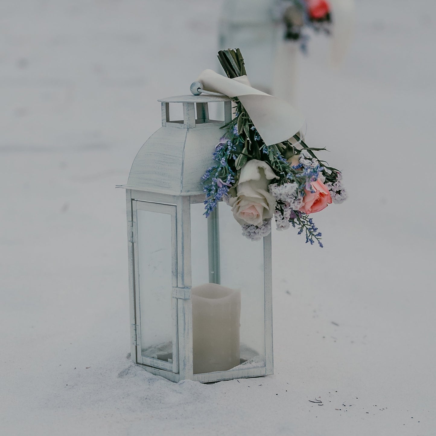 Distressed White Metal Lantern Aisle Marker
