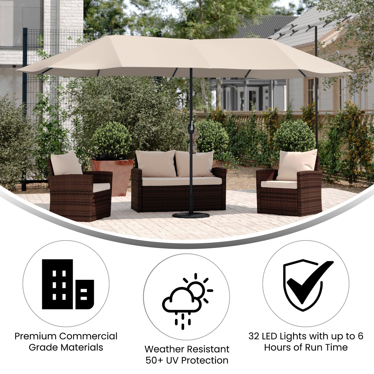 Elizabeth Commercial Grade 15 FT Triple Head Patio Umbrella with Easy Lift Crank Functionality