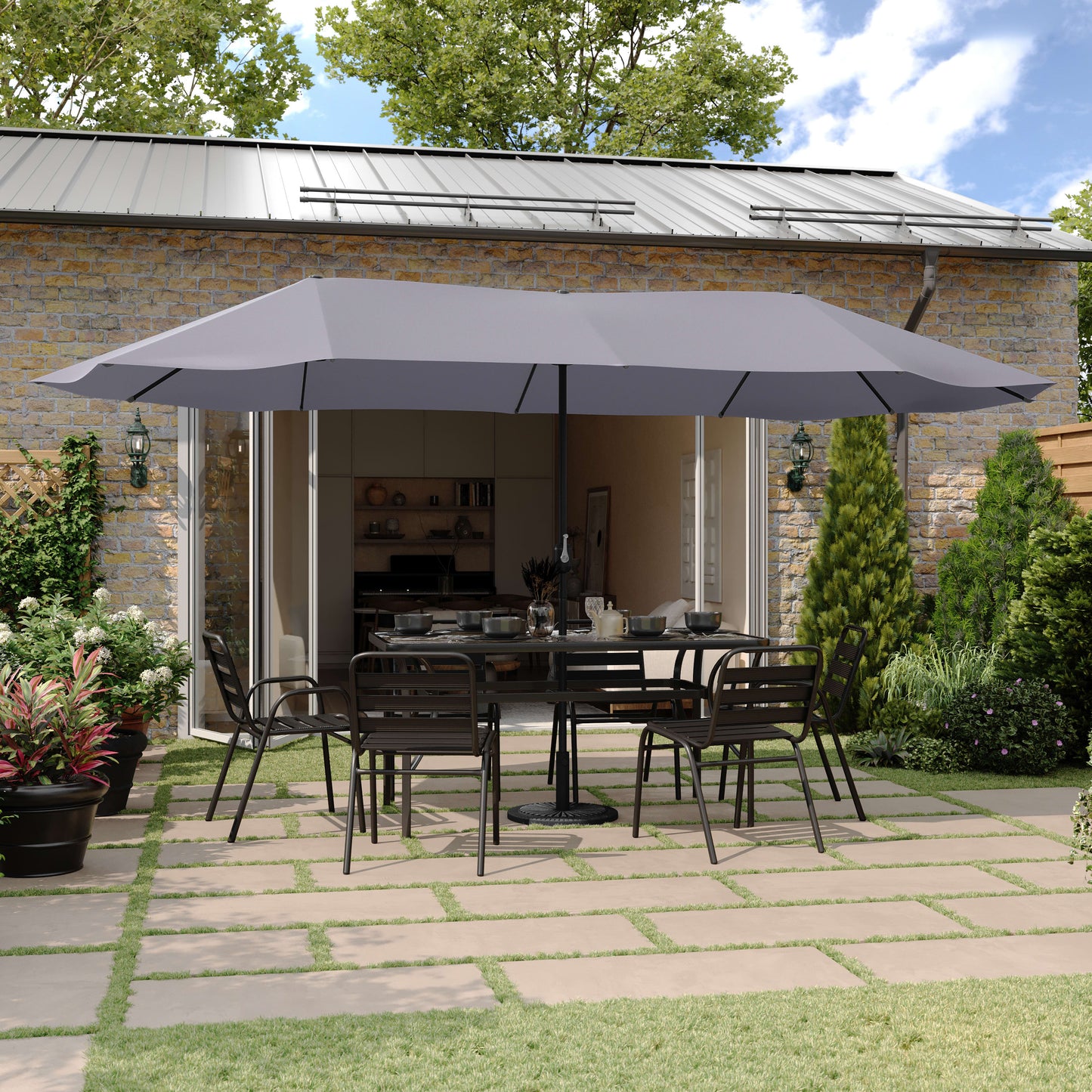Elizabeth Commercial Grade 15 FT Triple Head Patio Umbrella with Easy Lift Crank Functionality
