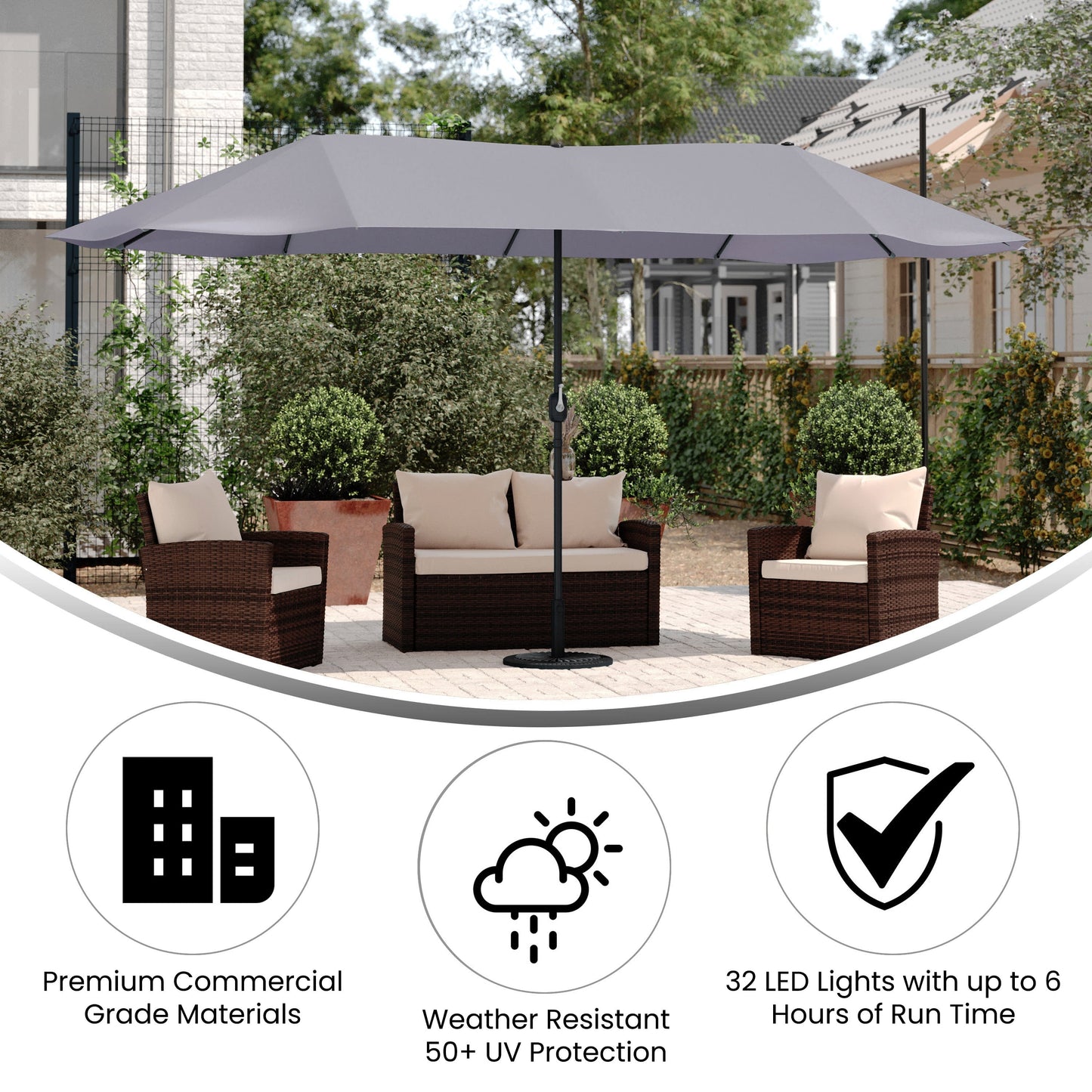 Elizabeth Commercial Grade 15 FT Triple Head Patio Umbrella with Easy Lift Crank Functionality